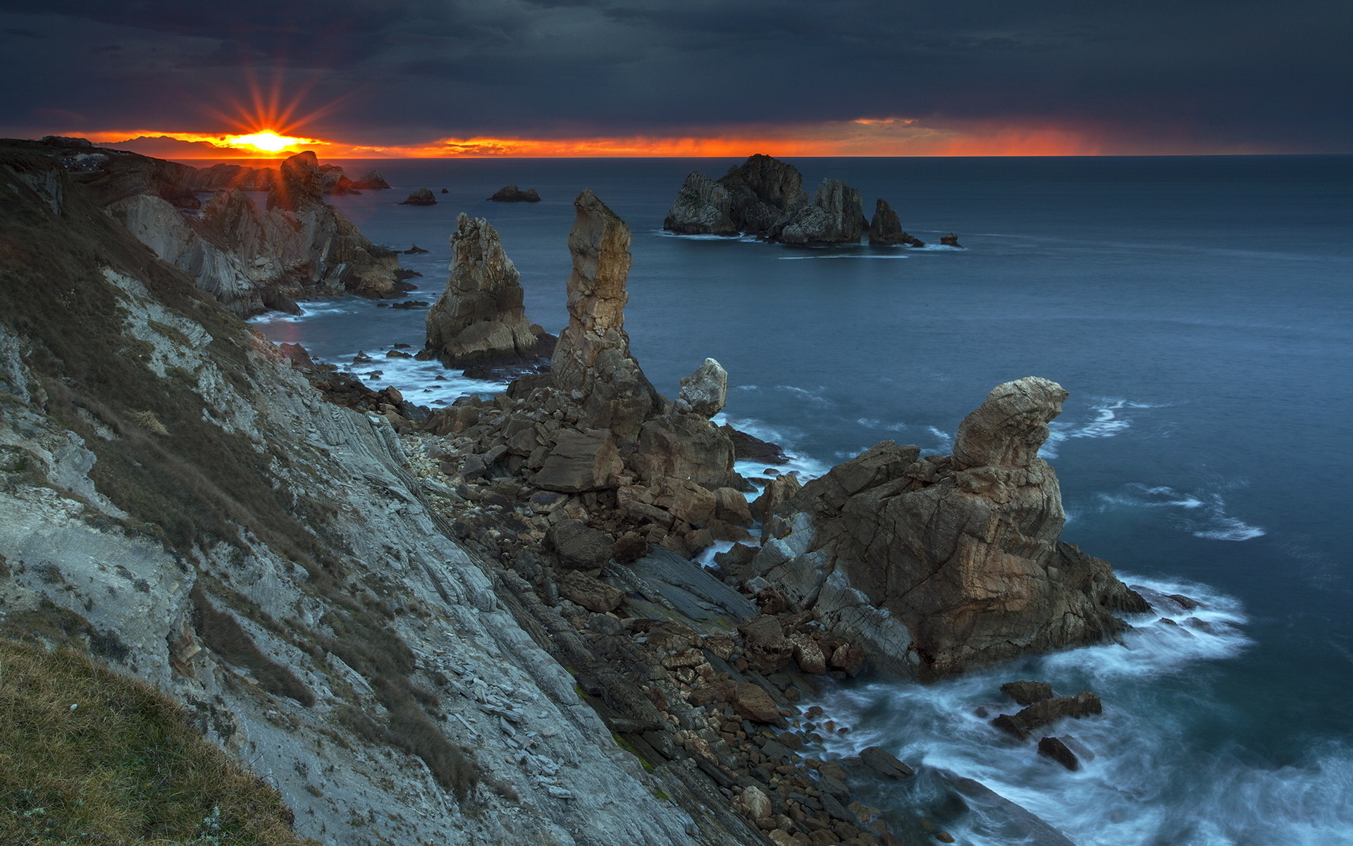 sunset, Sea, Rocks, Landscape, Ocean Wallpaper