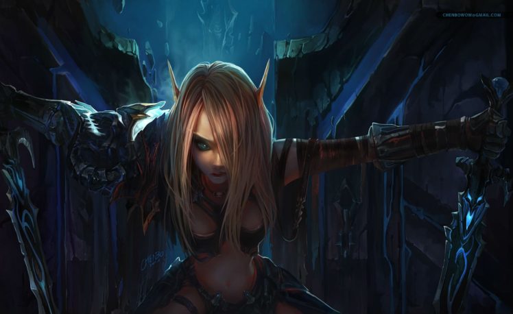 armor, Blonde, Hair, Blue, Blue, Eyes, Chenbo, Long, Hair, Navel, Necklace, Pointed, Ears, Signed, Sword, Weapon, World, Of, Warcraft HD Wallpaper Desktop Background