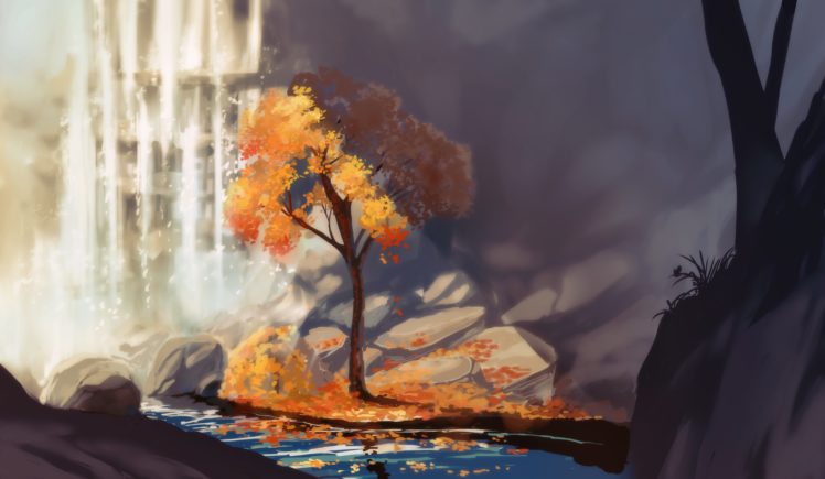 waterfall, River, Art, Chibionpu, Tree, Autumn, Artwork HD Wallpaper Desktop Background