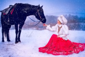 girl, Dress, Horse, Horse, Winter, Snow, Mood, Christmas