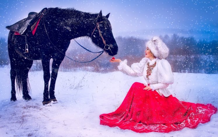 girl, Dress, Horse, Horse, Winter, Snow, Mood, Christmas HD Wallpaper Desktop Background