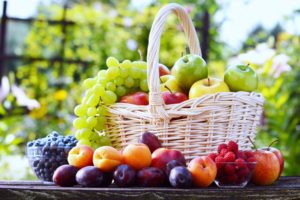 fruit, Basket, Grape, Strawberry, Plum, Apple, Table, Summer, Food, Delicious