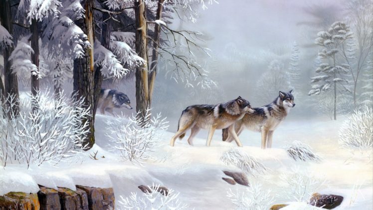 wolf, Wolves, Predator, Carnivore, Winter, Snow, Artwork, Forest HD Wallpaper Desktop Background
