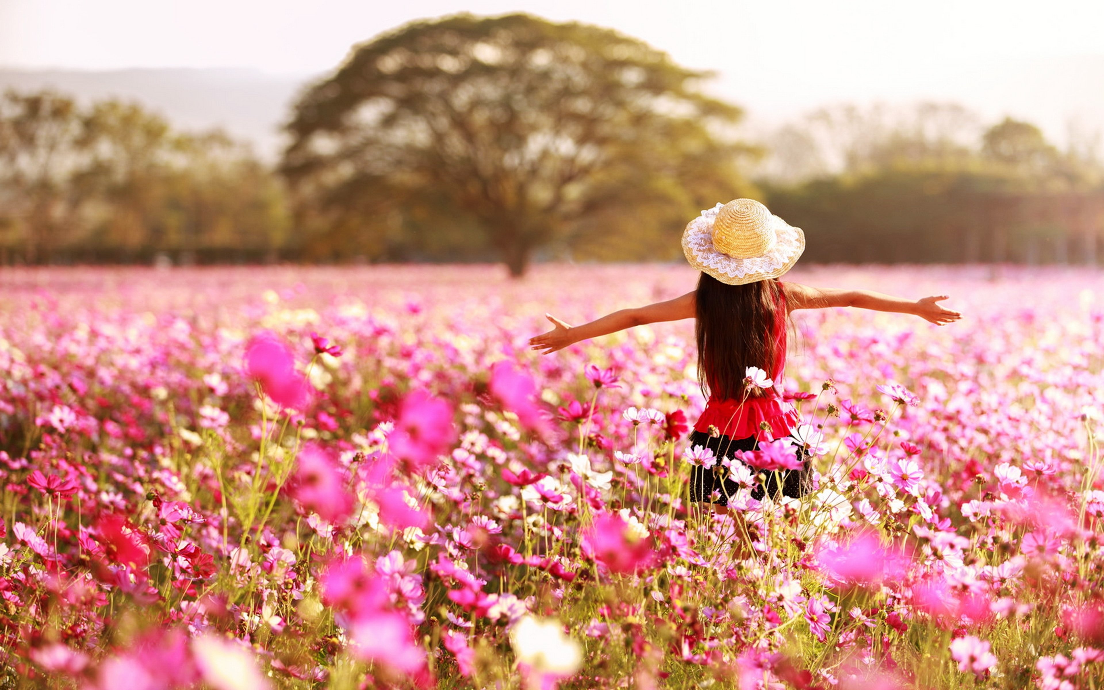 kids, Children, Childhood, Girls, Joy, Happy, Spring, Nature, Landscapes, Earth, Flowers, Pink, Rose, Trees, Countryside, Fun, Life Wallpaper