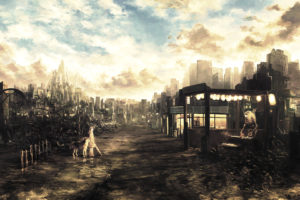 animal, Building, City, Clouds, Dog, Kusanagi, Koyori, Original, Robot, Ruins, Scenic, Sky, Tagme,  artist , Umbrella