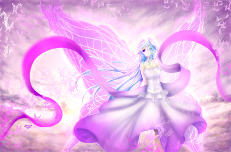 blue, Hair, Butterfly, Dress, Maoh, Original, Purple, Eyes, Wings HD Wallpaper Desktop Background