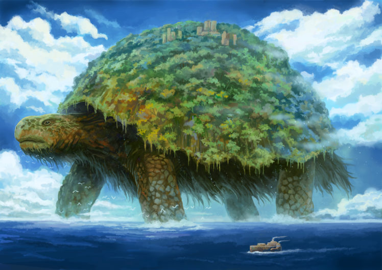 boat, Clouds, Kemi, Neko, Original, Sky, Turtle, Water HD Wallpaper Desktop Background