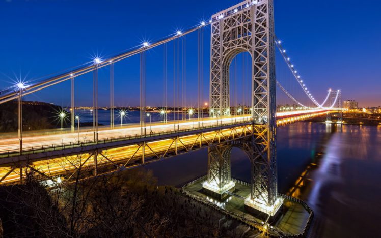 bridges, Tunnels, Port, Authority, New, Jersey, Hotels, Lights, Sea, Sky, Skyscrapers, Technology, Boats, Buildings, City, Country, Development, Evening, Globalization, Blue HD Wallpaper Desktop Background