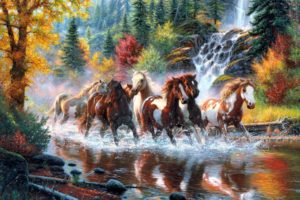 landscape, Nature, Tree, Forest, Woods, River, Horse, Artwork, Painting, Waterfall, Autumn, Country, Wester, Native, American, Indian