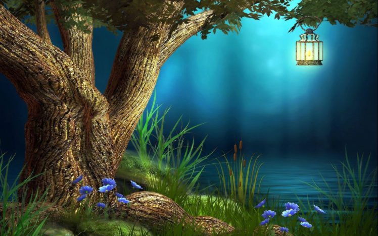 landscape, Nature, Tree, Forest, Woods, Fantasy, Artwork, Lamp HD Wallpaper Desktop Background