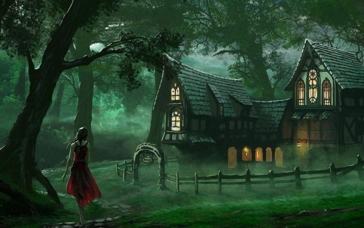 artwork, Fantasy, Magical, Art, Forest, Tree, Landscape, Nature, Girl, House, Spooky HD Wallpaper Desktop Background