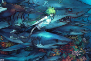 animal, Blue, Bubbles, Fish, Green, Hair, Male, Original, Shark, Topless, Underwater, Watermark, Yilee