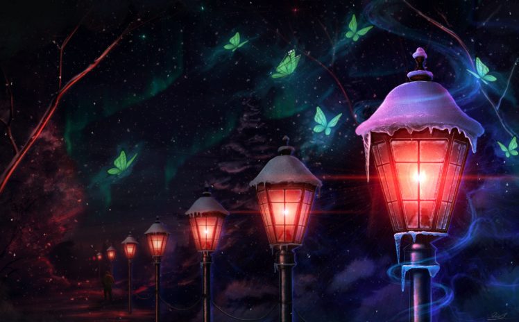 tree, Butterfly, Lantern, Light, Magic, Animal, Anime HD Wallpaper Desktop Background