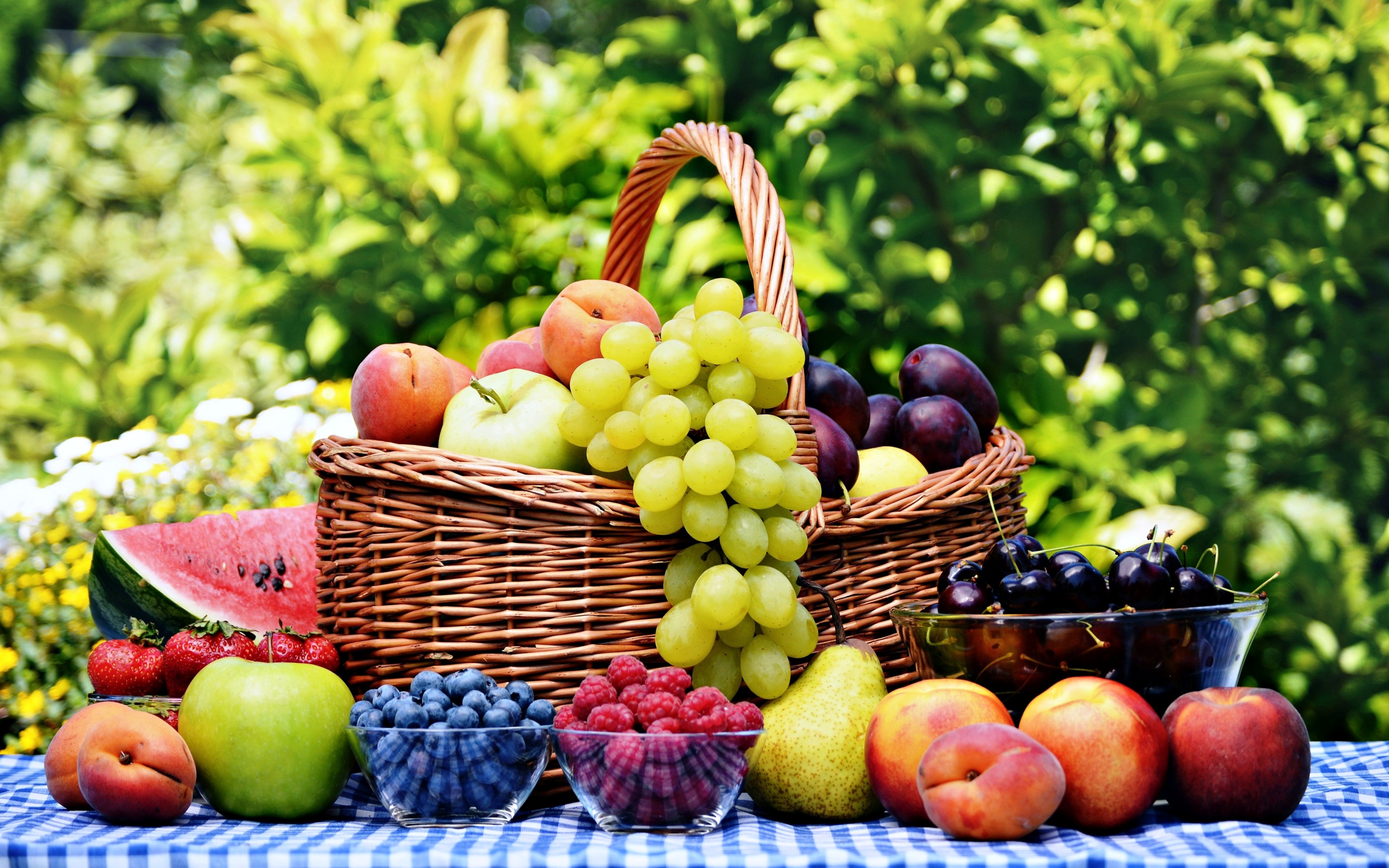 fruits, Basket, Grape, Strawberry, Apple, Watermelon, Blueberry, Cherry, Nature, Food, Delicious, Sweet, Summer, Table Wallpaper