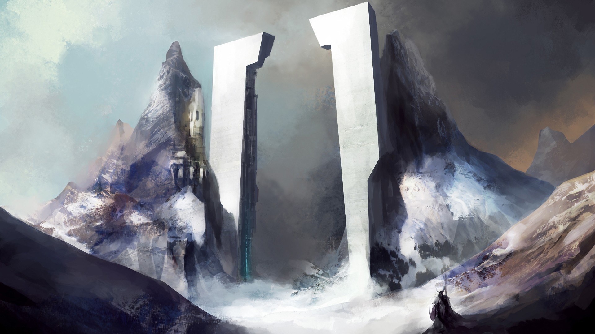 tower, Drawing, Mountains Wallpaper