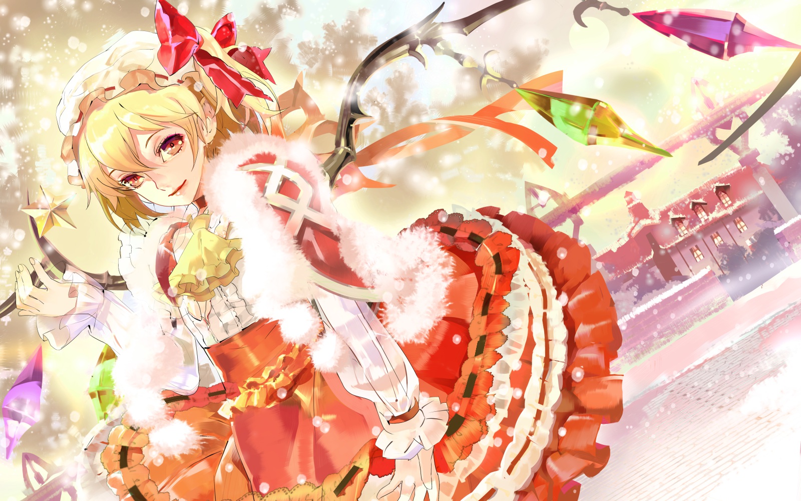 blonde, Hair, Bow, Christmas, Flandre, Scarlet, Hat, Red, Eyes, Snow, Touhou, Wings Wallpaper