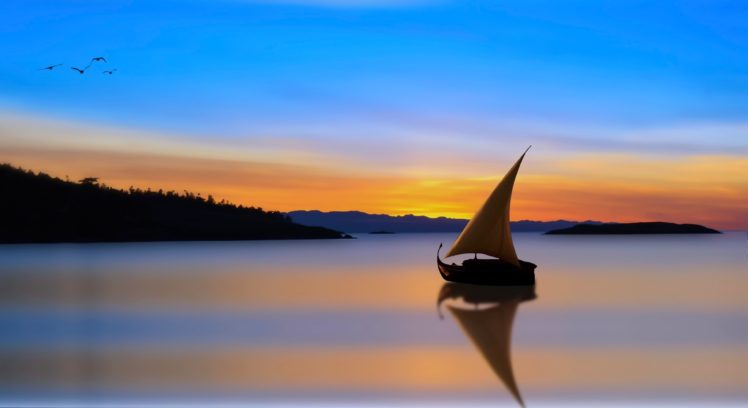 landscapes, Nature, Boats, Lakes, Sunset, Clouds, Sky, Art, Drawing HD Wallpaper Desktop Background