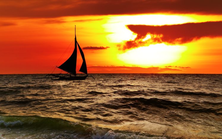 sea, Ocean, Boat, Yacht, Sky, Clouds, Sunset, Orange, Landscapes, Nature, Earth, Beaches HD Wallpaper Desktop Background