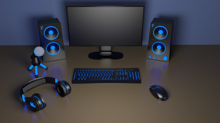 computer, Setup, Headphones, Mouse, Keyboard, Mechanical, Speakers, Microphone, Technology, Blue, Pc HD Wallpaper Desktop Background