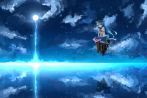 blue, Hair, Boots, Clouds, Hat, Hinanawi, Tenshi, Long, Hair, Moon, Night, Red, Eyes, Shuizao,  little, Child , Skirt, Sky, Touhou, Water