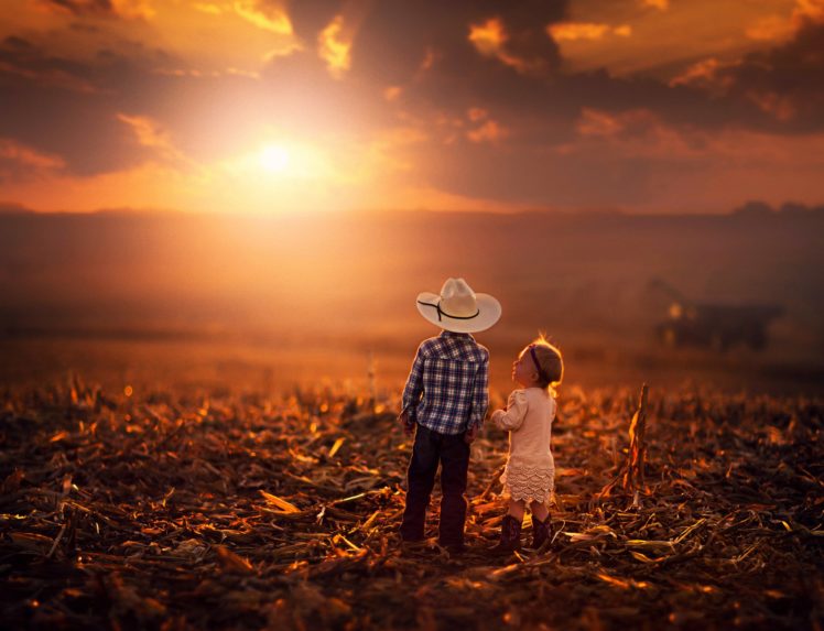 sunset, Sunrise, Kids, Boy, Girl, Littles, Countryside, Cowboy, Summer, Landscapes, Nature, Earth, Children, Childhood HD Wallpaper Desktop Background