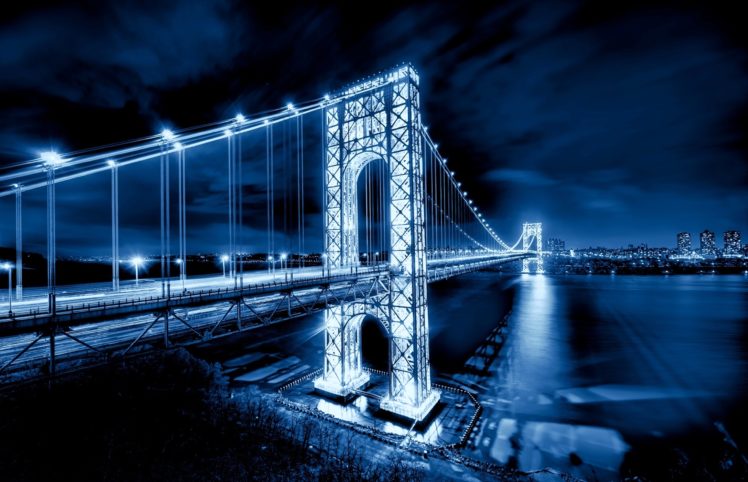 city, Bridge, Light, Night, Sea, Rivers, Sky, Clouds HD Wallpaper Desktop Background