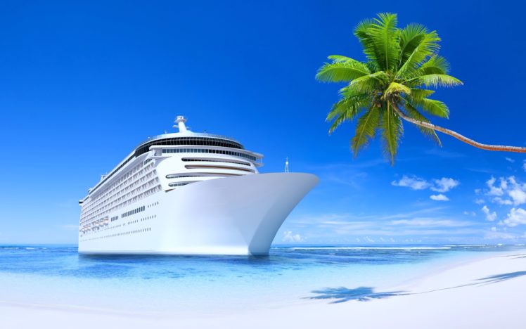 steamship, Ship, Tourism, Travel, Beach, Island, Sunny, Blue, Summer, Palms, Sand, Sea, Calm, Beautiful, White, Sky HD Wallpaper Desktop Background