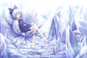 barefoot, Blue, Hair, Bow, Butterfly, Cirno, Cloudy, R, Dress, Flowers, Ribbons, Short, Hair, Sleeping, Snow, Touhou, White