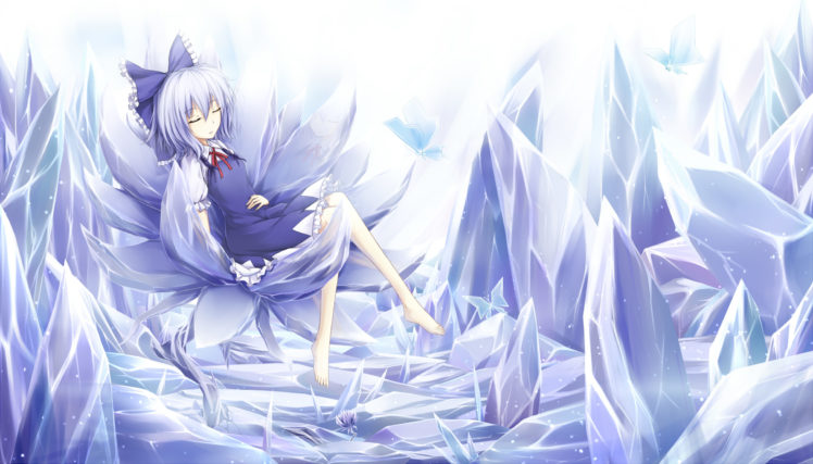 barefoot, Blue, Hair, Bow, Butterfly, Cirno, Cloudy, R, Dress, Flowers, Ribbons, Short, Hair, Sleeping, Snow, Touhou, White HD Wallpaper Desktop Background