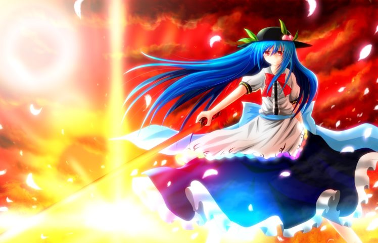 blue, Hair, Bow, Clouds, Dress, Feathers, Fruit, Hat, Hinanawi, Tenshi, Leaves, Long, Hair, Nekominase, Red, Eyes, Sky, Sword, Touhou, Weapon HD Wallpaper Desktop Background