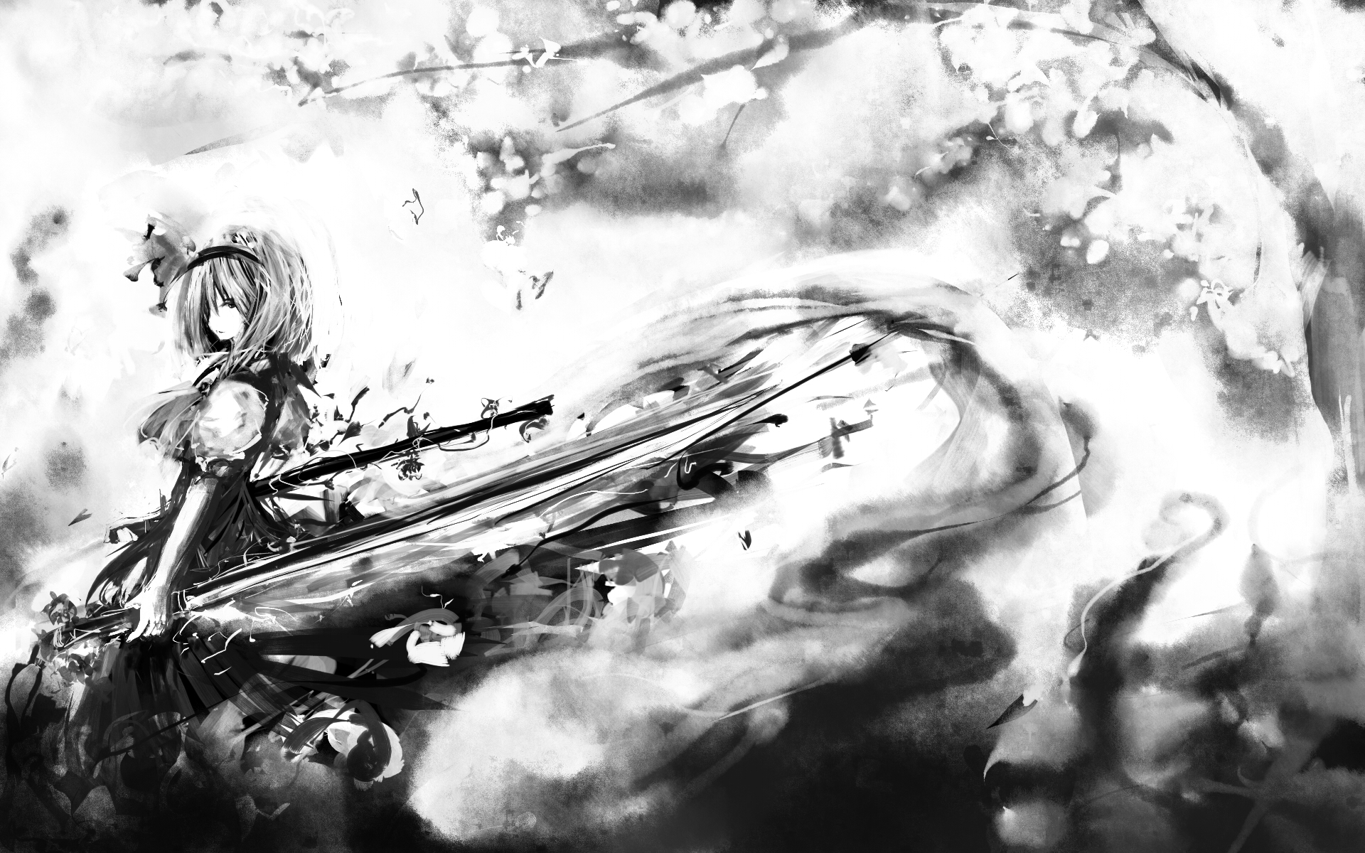 hinomaru, Konpaku, Youmu, Monochrome, Sword, Touhou, Weapon Wallpaper