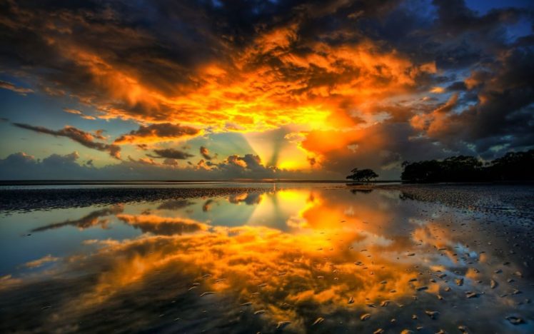 sunset, Nature, Beach, Shore, Shockwave, Skyscapes, Reflections HD Wallpaper Desktop Background