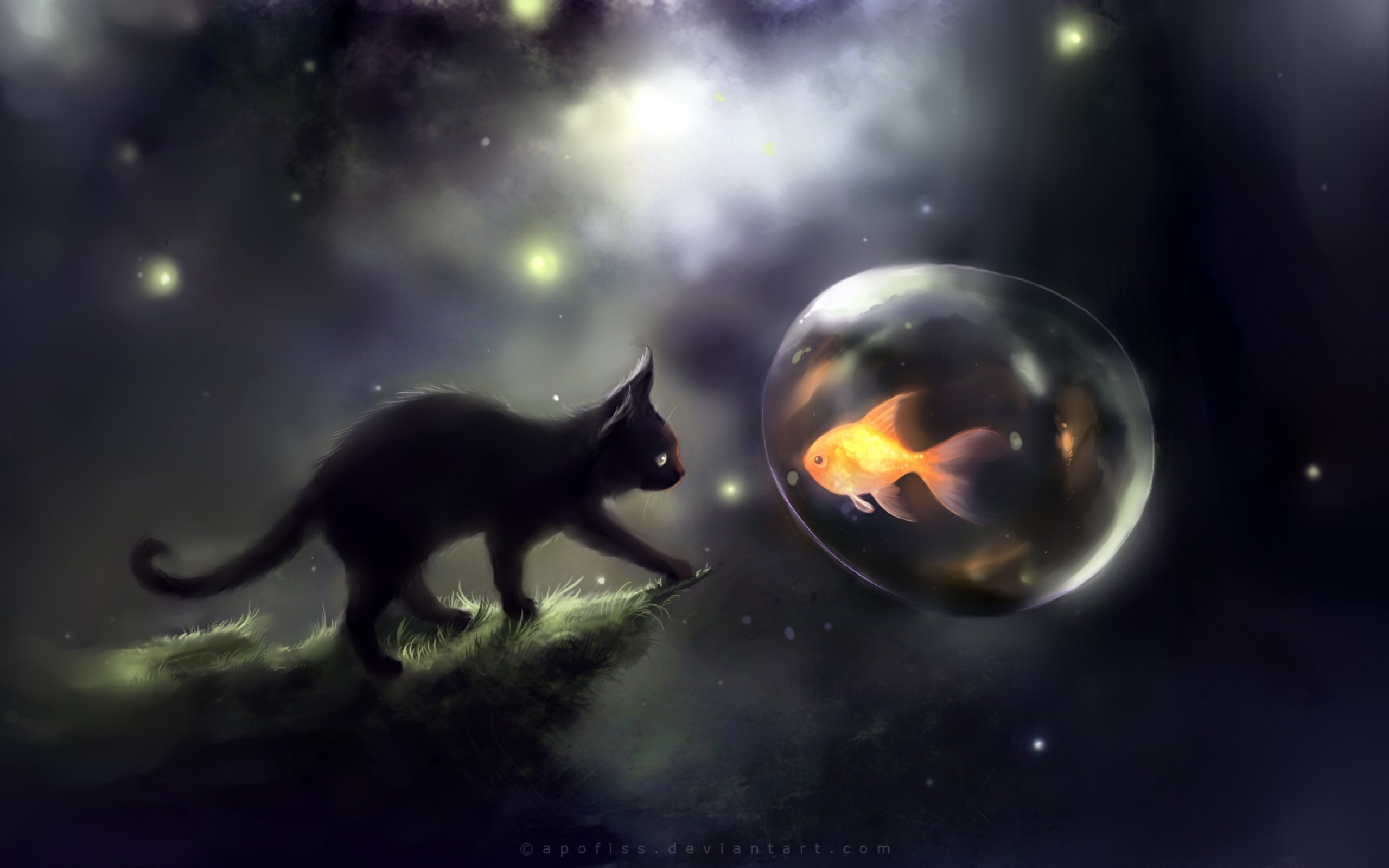 fantasy, Cat, Cats, Art, Artwork, Artistic, Fish, Goldfish Wallpaper