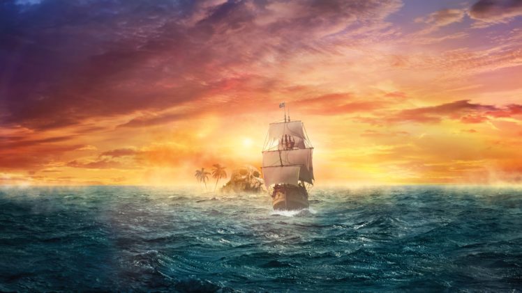 fantasy, Ship, Boat, Art, Artwork, Ocean, Sea HD Wallpaper Desktop Background