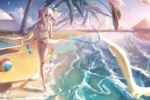 animal, Beach, Bikini, Bird, Clouds, Hat, Hiiragi, Shinoa, Jpeg, Artifacts, Owari, No, Seraph, Pink, Hair, Red, Eyes, See, Through, Shon, Signed, Swimsuit, Tree, Water