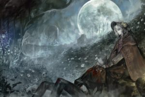 alcd, Blood, Bloodborne, Cape, Doll, Flowers, Gray, Hair, Hat, Landscape, Leaves, Male, Moon, Night, Polychromatic, Scenic, Skull, The, Doll, The, Hunter, Tree