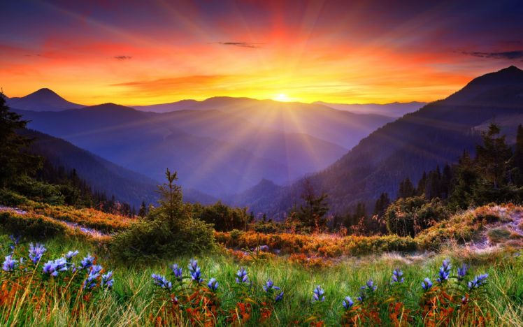 mountains, Sunset, Sun, Landscape, Panorama HD Wallpaper Desktop Background