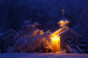 winter, Night, Church, Landscape