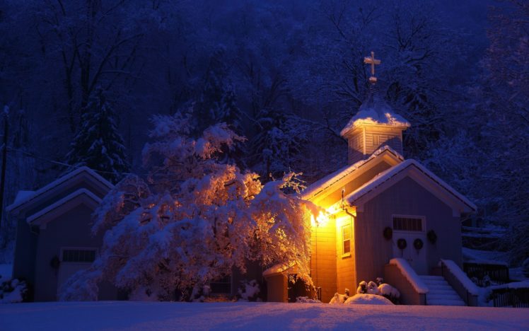 winter, Night, Church, Landscape HD Wallpaper Desktop Background