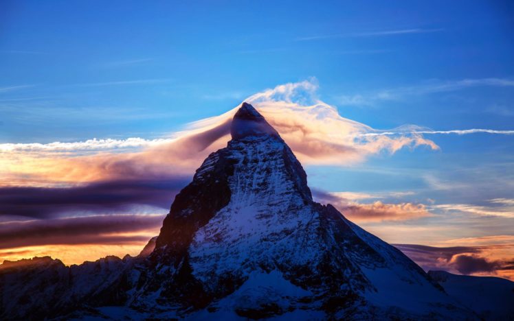 alps, Switzerland, Italy, Matterhorn, Mountain, Night, Sunset, Sky, Clouds, Mountains, Snow HD Wallpaper Desktop Background