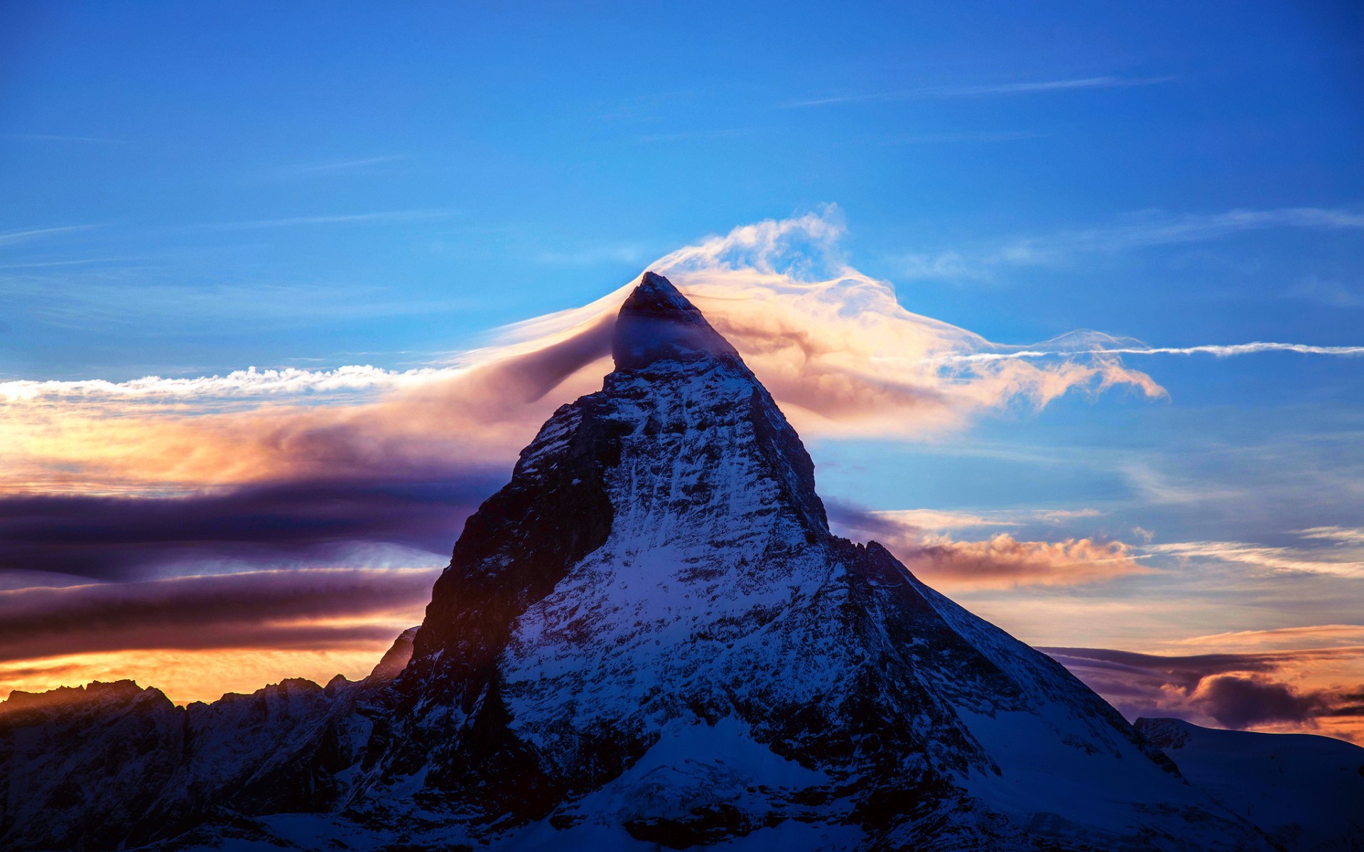 alps, Switzerland, Italy, Matterhorn, Mountain, Night, Sunset, Sky, Clouds, Mountains, Snow Wallpaper