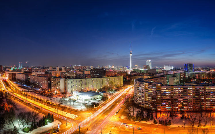 berlin, The, Capital, Deutschland, Germany, Germany, A, City, Panorama, Night, Home, Building, Tower, Road, Exposure, Lights, Cars HD Wallpaper Desktop Background