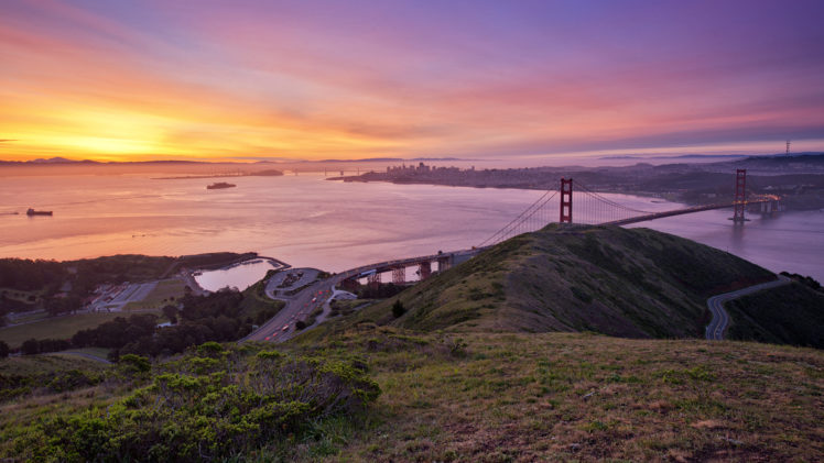 golden, Gate, Bridge, Bridge, San, Francisco, Buildings, Sunset, Ocean, Road HD Wallpaper Desktop Background