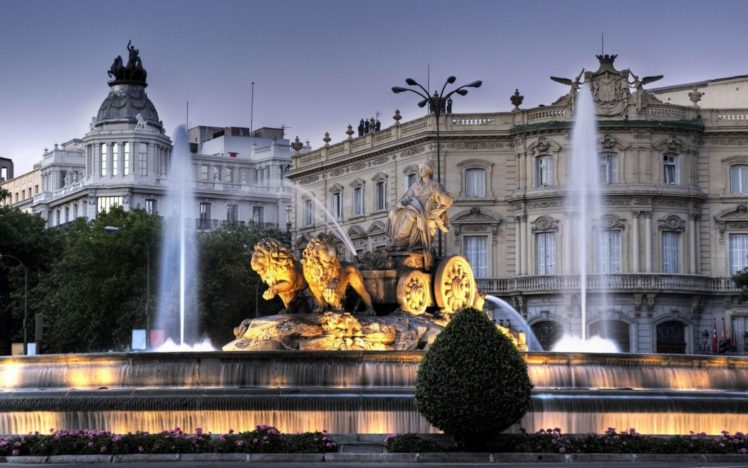 madrid, Spain, The, Fountain, The, Fountain, Of, Cibeles, Dusk, Evening, A, Monument, Of, The, Earth, Goddess, Of, Fertility, Cybele, The, Chariot, Lions, Palace, Palace, Of, Linares HD Wallpaper Desktop Background