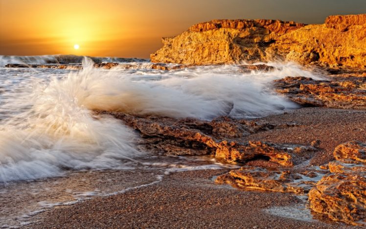 sea, Waves, Splashes, Stones, Rocks, Sun, Sunset HD Wallpaper Desktop Background