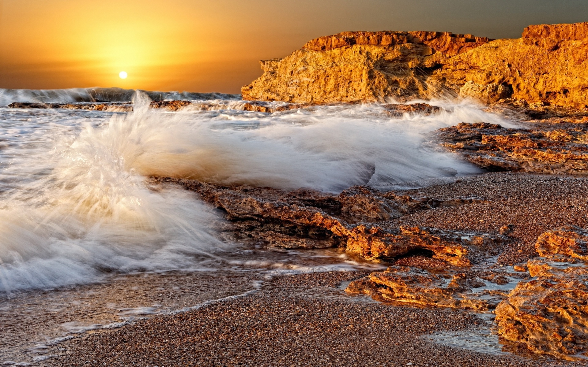 sea, Waves, Splashes, Stones, Rocks, Sun, Sunset Wallpaper