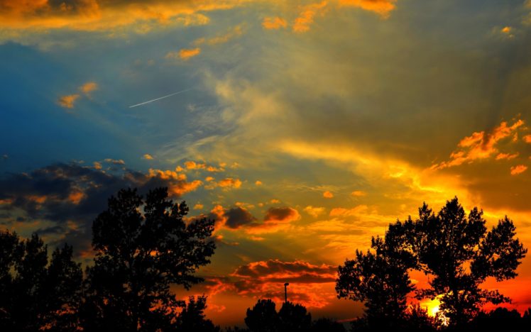 sunset, Trees, Silhouette, Landscape, Sky, Clouds HD Wallpaper Desktop Background
