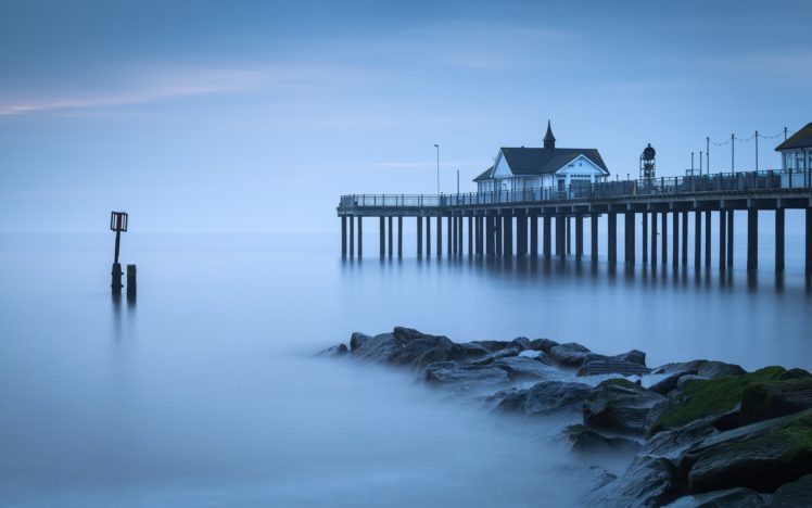 uk, England, Sea, Calm, Coast, Rocks, Pier HD Wallpaper Desktop Background