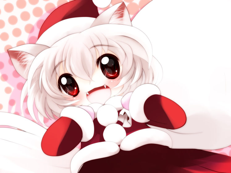 animal, Ears, Chibi, Christmas, Fang, Inubashiri, Momiji, Red, Eyes, Tail, Touhou, White, Hair, Wolfgirl, Yume, Shokunin HD Wallpaper Desktop Background