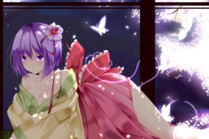 bow, Butterfly, Cherry, Blossoms, Cleavage, Flowers, Hieda, No, Akyuu, Japanese, Clothes, Moon, Purple, Eyes, Purple, Hair, Short, Hair, Suzuchi1218, Touhou